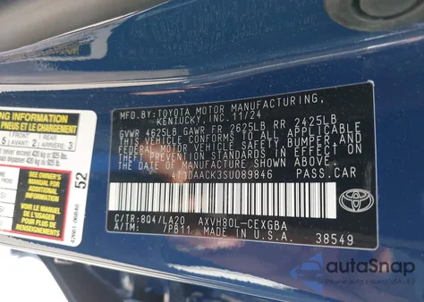 2025 Toyota Camry Xle from USA, damaged, VIN 4T1DAACK3SU089846